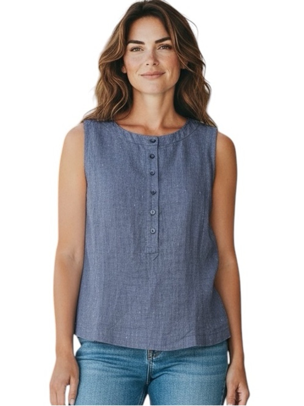 Eileen Fisher Sleeveless Chambray-Style Button Placket Round Neck Petite Top S